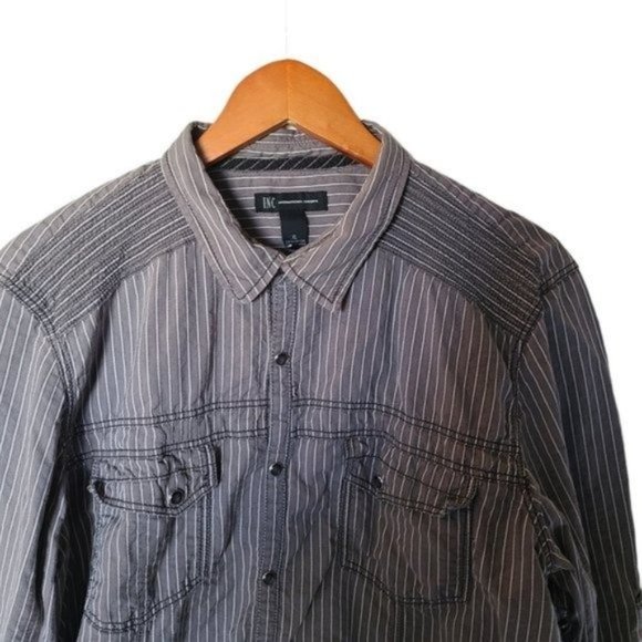 I.N.C. Mens Long Sleeve Gray‎ Stripe Shirt XL Snap - Picture 5 of 14
